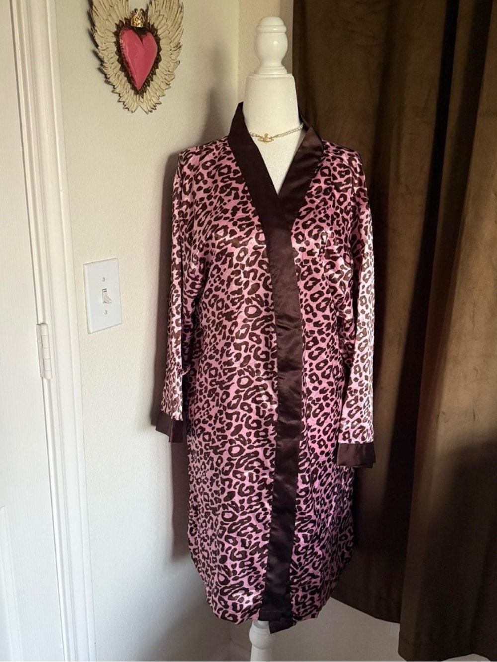 Women's Pink Leopard Satin Robe with Brown Trim